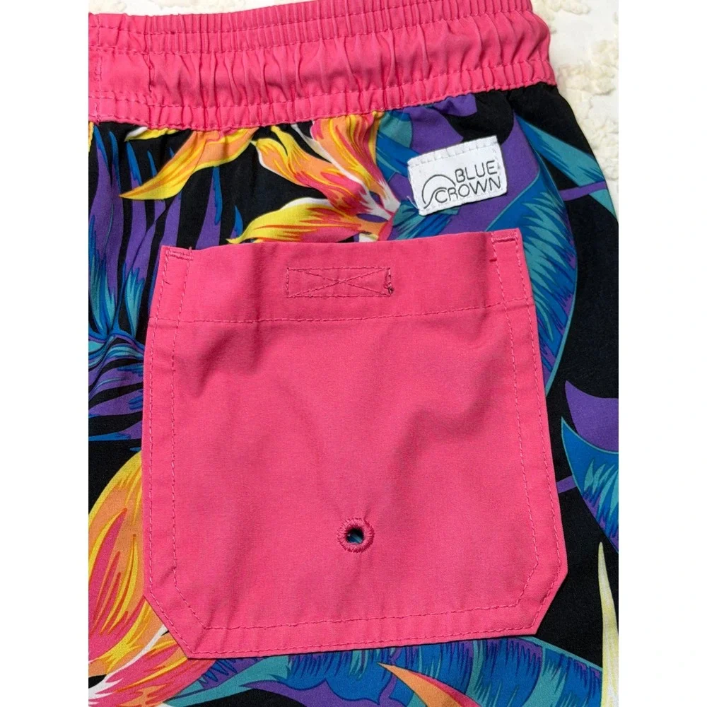 Blue Crown Tropical Bird of Paradise Swim Trunks Pink Black M Kids Beach Surf - Picture 6 of 14